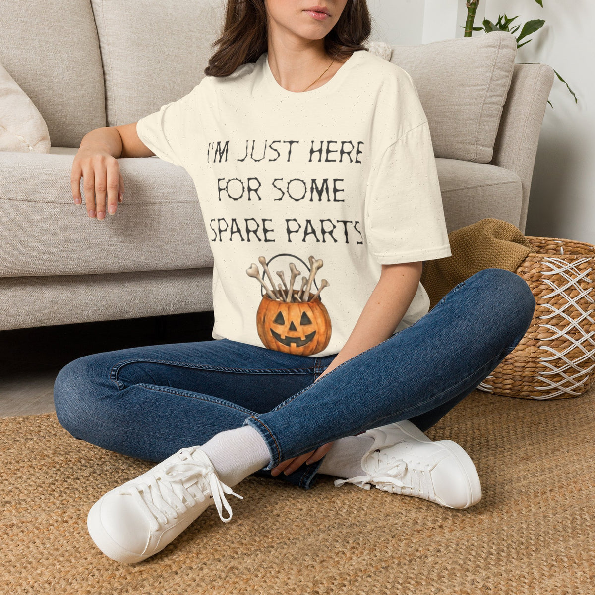 Halloween Pumpkin Jack-o'-Lantern Adult T-Shirt — "I'm Just Here For Some Spare Parts"