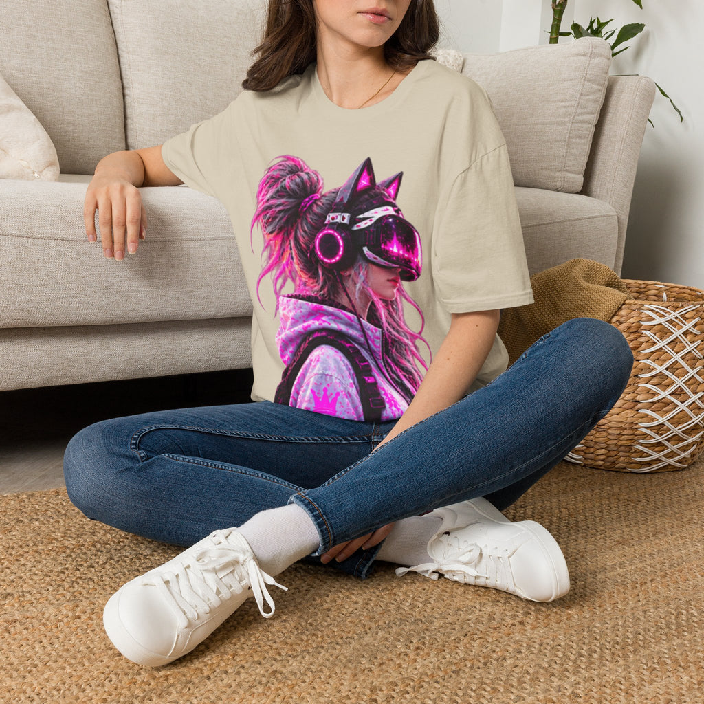 Cat VR Gamer Adult T‑Shirt — Neon Pink Cyberpunk Kitty Gamer Tee