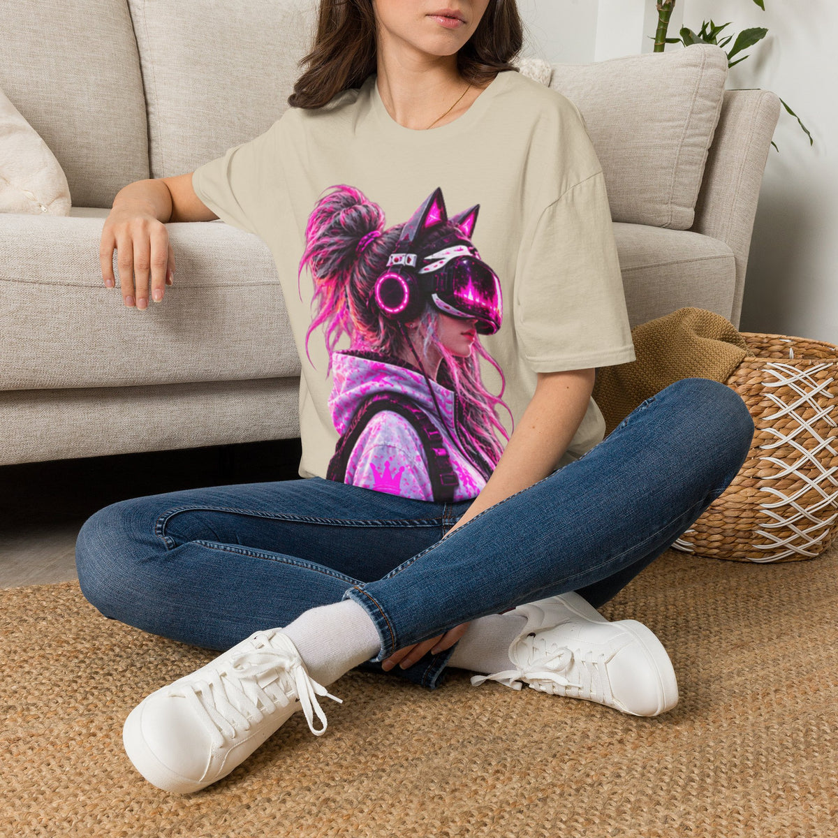 Cat VR Gamer Adult T‑Shirt — Neon Pink Cyberpunk Kitty Gamer Tee