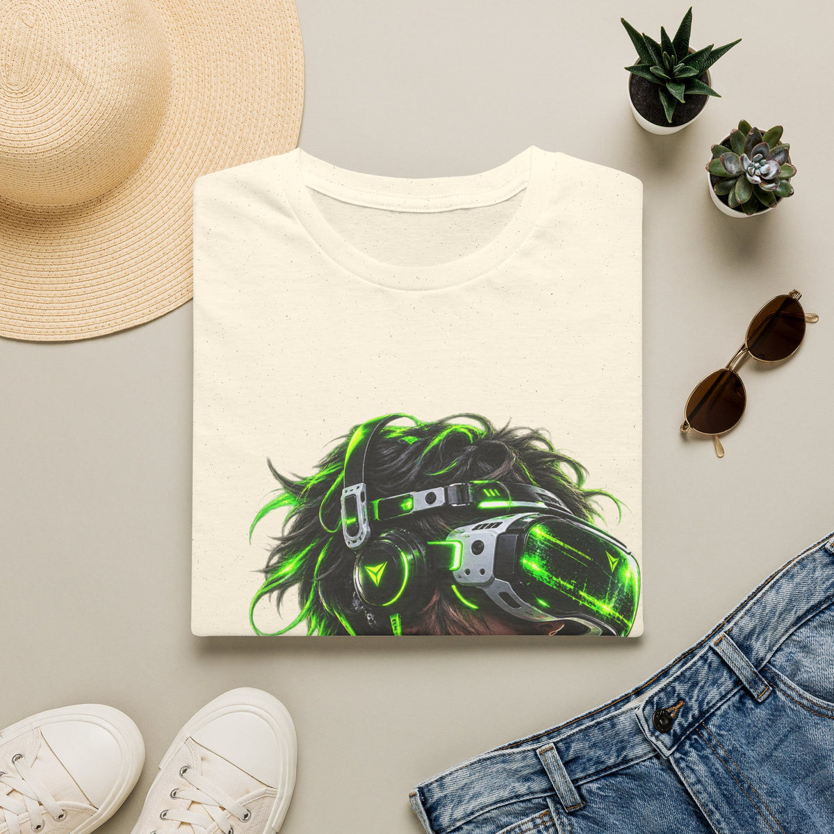 Cyberpunk VR Gamer Adult T-Shirt — Neon Green Virtual Reality Jacket Design