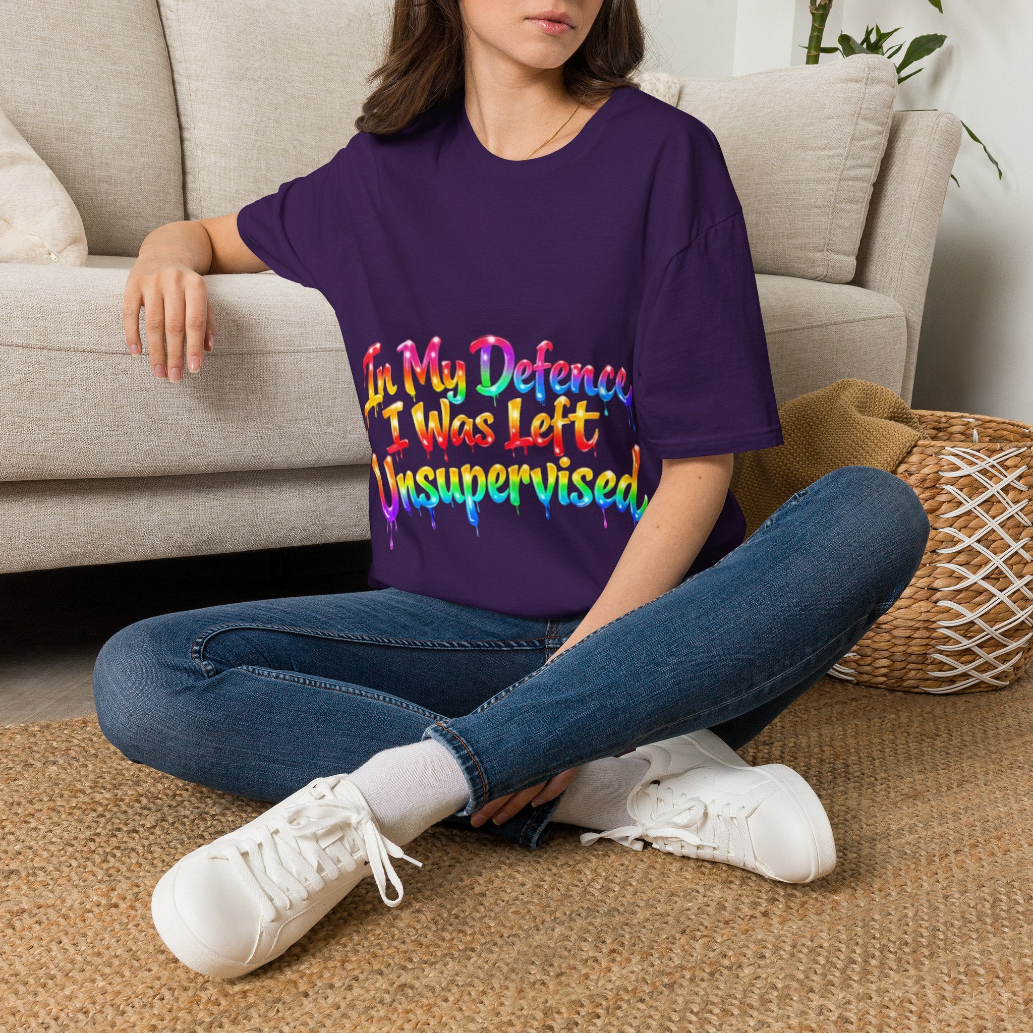 In My Defense I Was Left Unsupervised Adult T-Shirt – Funny Rainbow Casual Tee for Women & Men