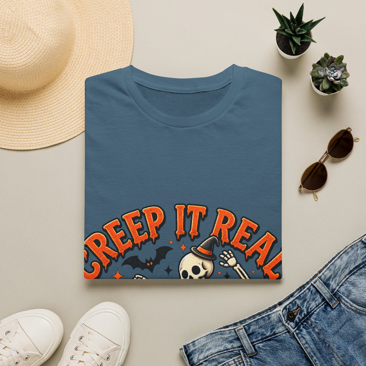 Creep It Real Halloween Adult T-Shirt — Dancing Skeleton & Pumpkin Graphic
