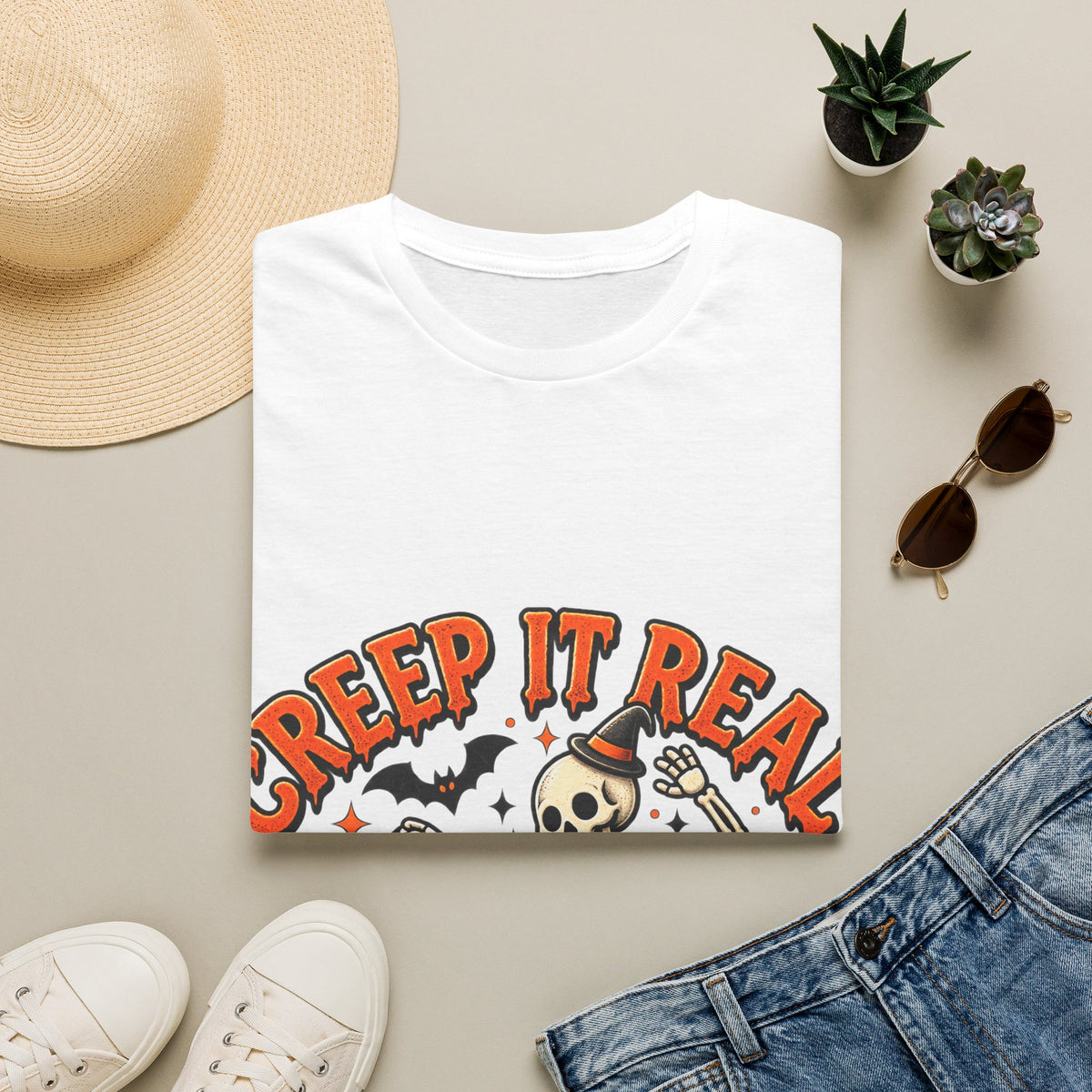 Creep It Real Halloween Adult T-Shirt — Dancing Skeleton & Pumpkin Graphic