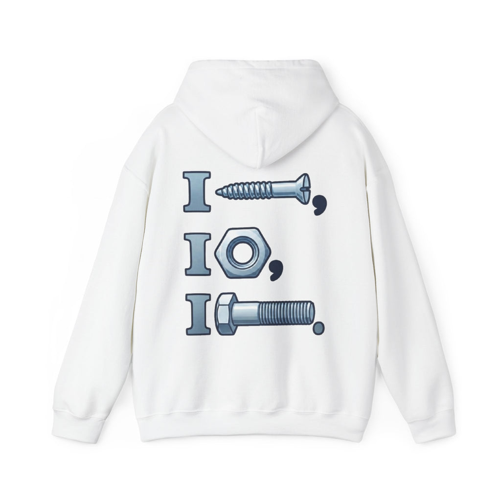 Screw, Nut, Bolt Adult Hoodie — Mechanical Pun Graphic Hooded Sweatshirt