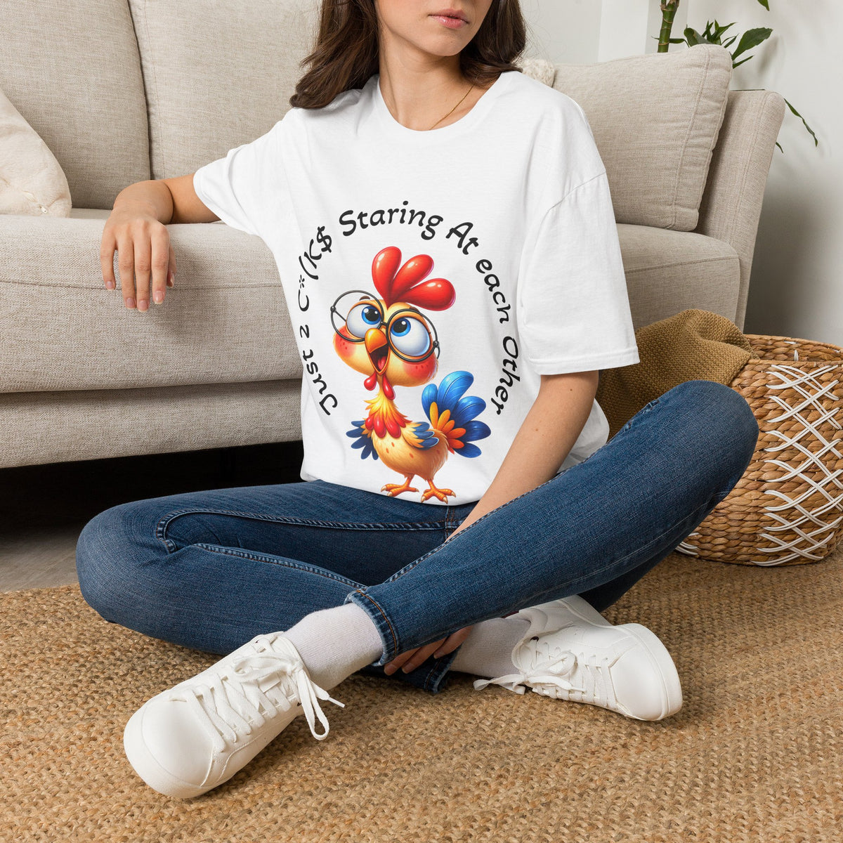 Chicken Cartoon Adult T-Shirt — "Staring At Each Other" Cute Funny Graphic Tee
