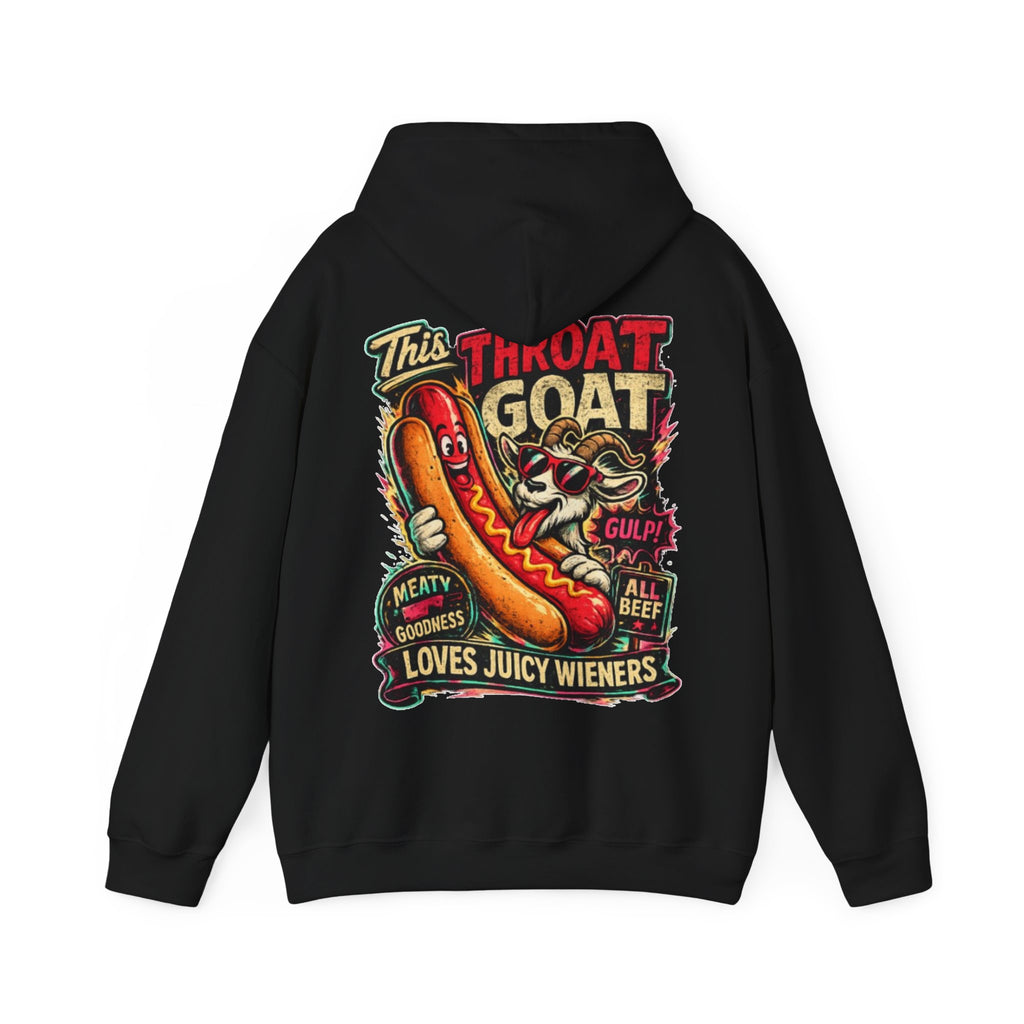 Hot Dog Goat Adult Hoodie - "This Throat Goat Loves Juicy Wieners" Graphic Hooded Sweatshirt