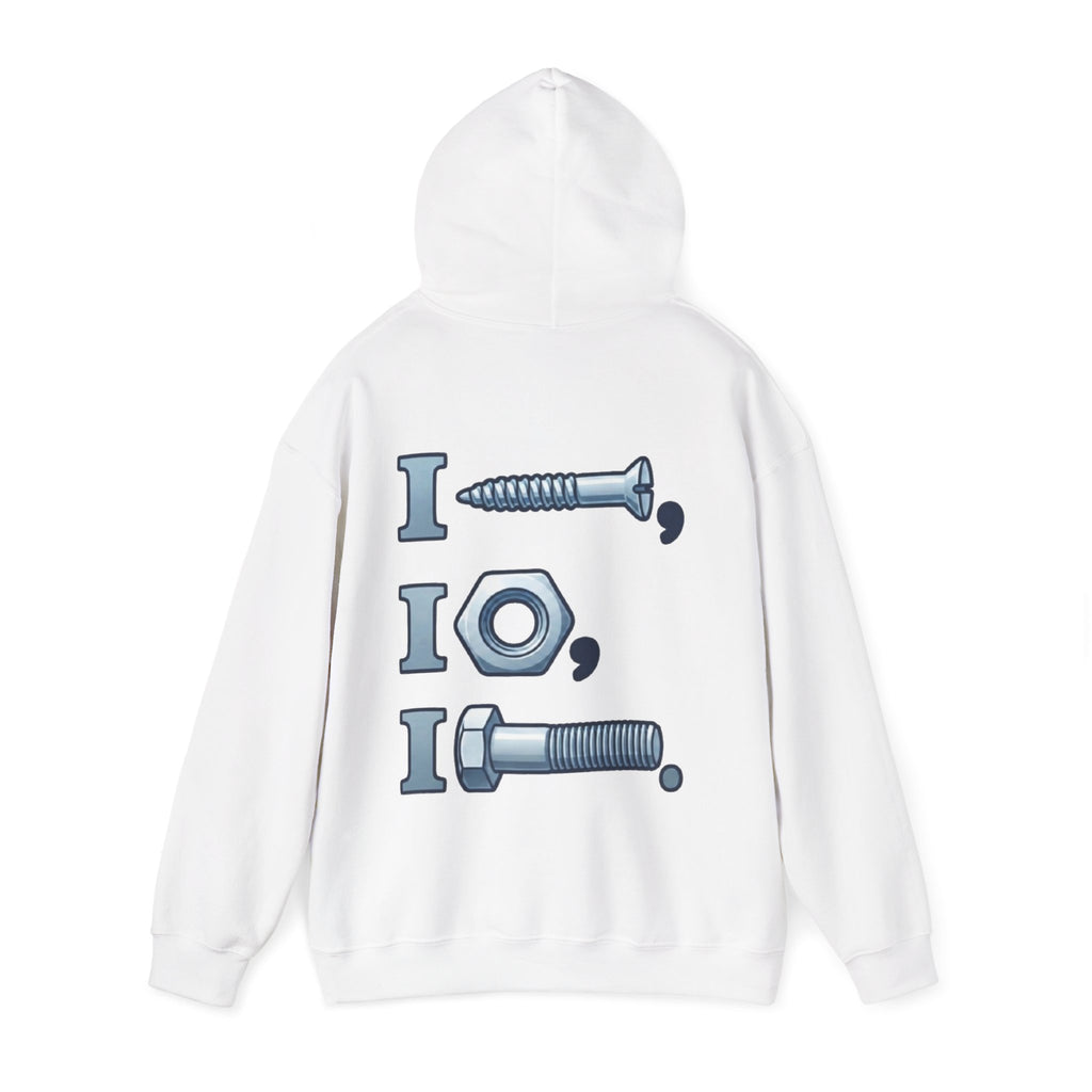 Screw, Nut, Bolt Adult Hoodie — Mechanical Pun Graphic Hooded Sweatshirt