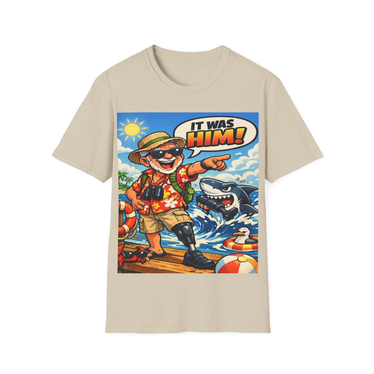Adult T-Shirt — Retro Vacation Shark 'It Was Him!' Graphic Tee