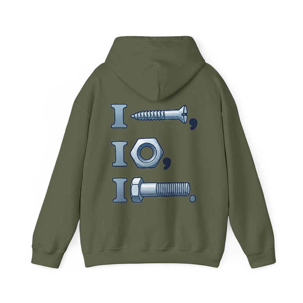 Screw, Nut, Bolt Adult Hoodie — Mechanical Pun Graphic Hooded Sweatshirt