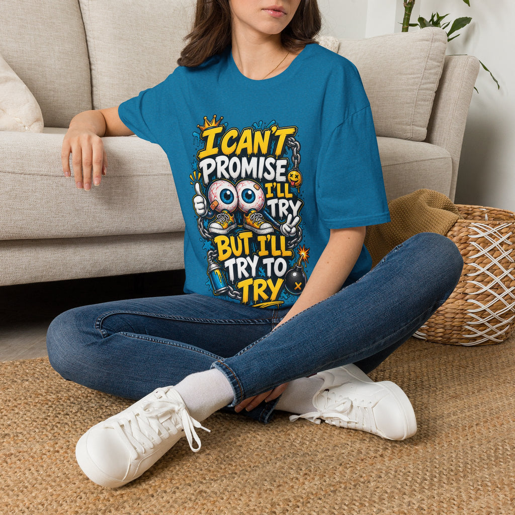 I Can't Promise I'll Try Graphic Adult T-Shirt — Funny Motivational Casual Tee