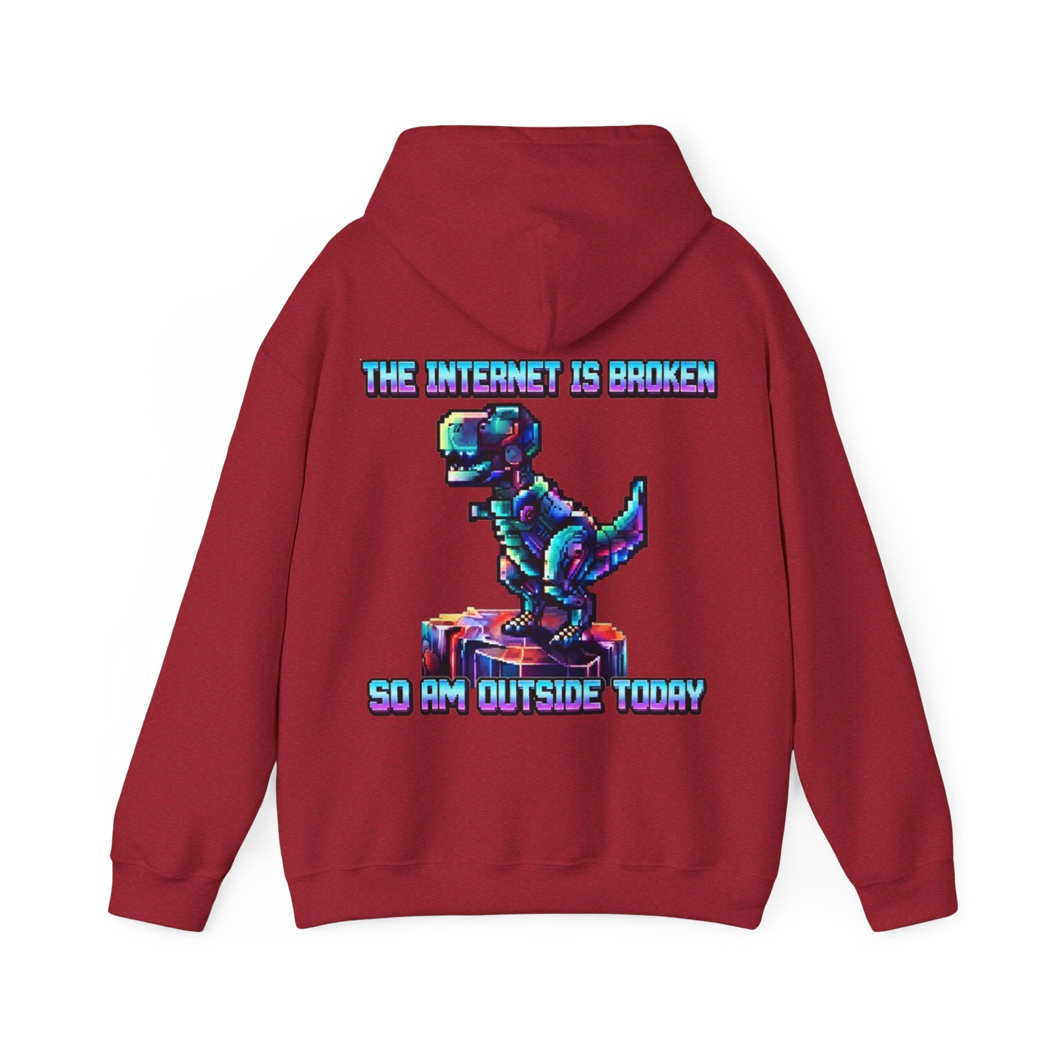 Retro Pixel Dino Adult Hoodie - "The Internet Is Broken So I’m Outside Today"