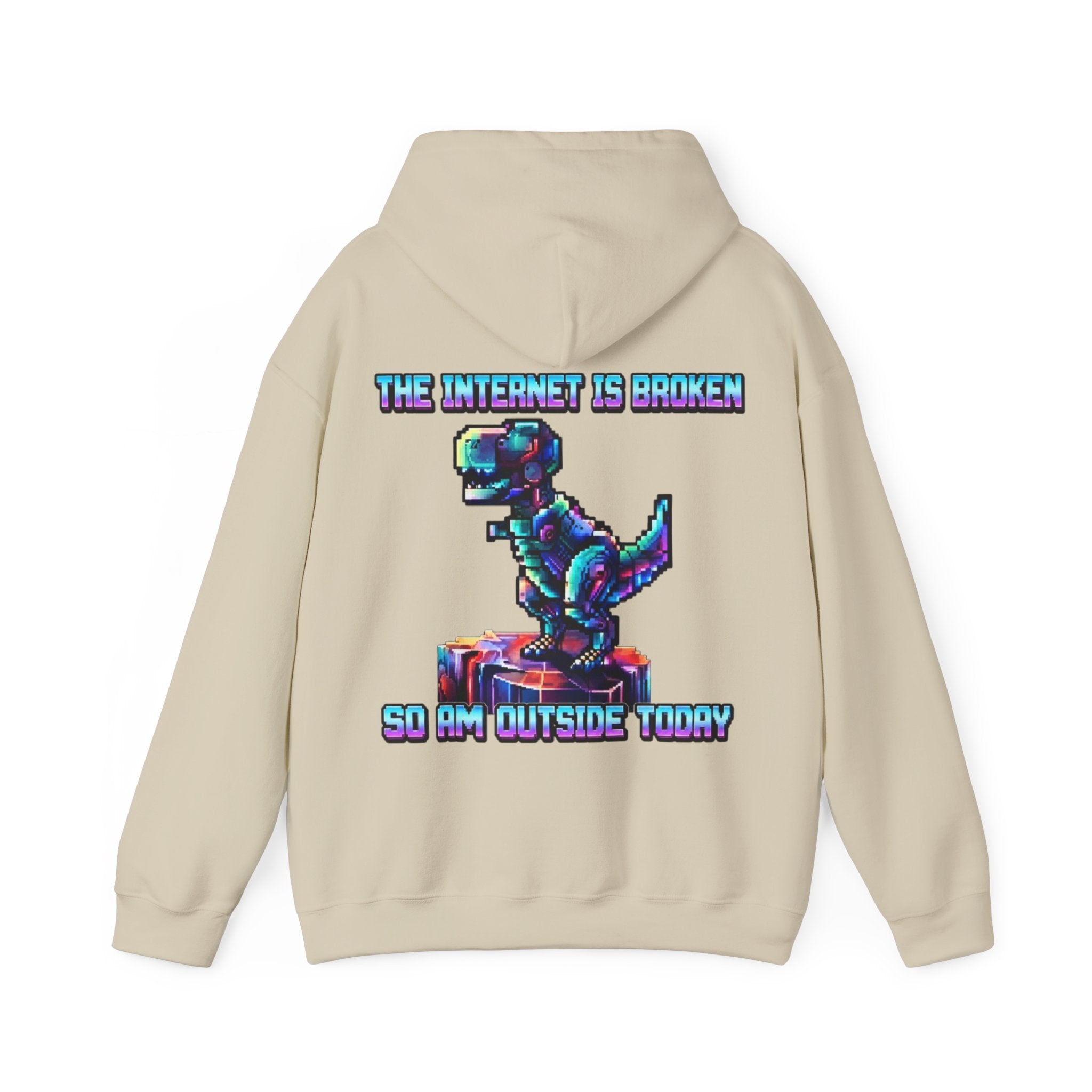 Retro Pixel Dino Adult Hoodie - "The Internet Is Broken So I’m Outside Today"