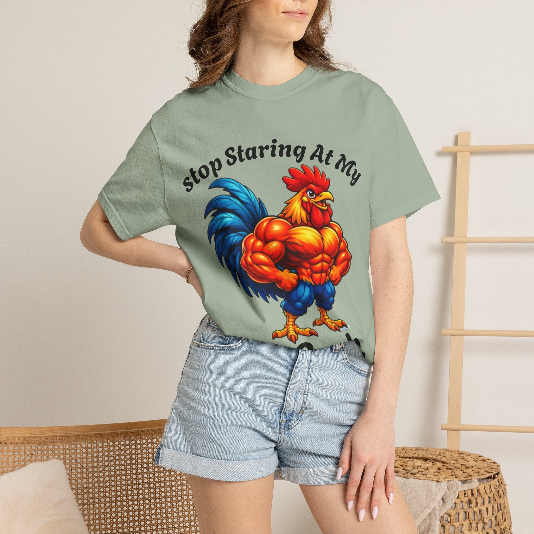 Graphic Adult T-Shirt — "Stop Staring At My Big Cock" Rooster Humorous Tee