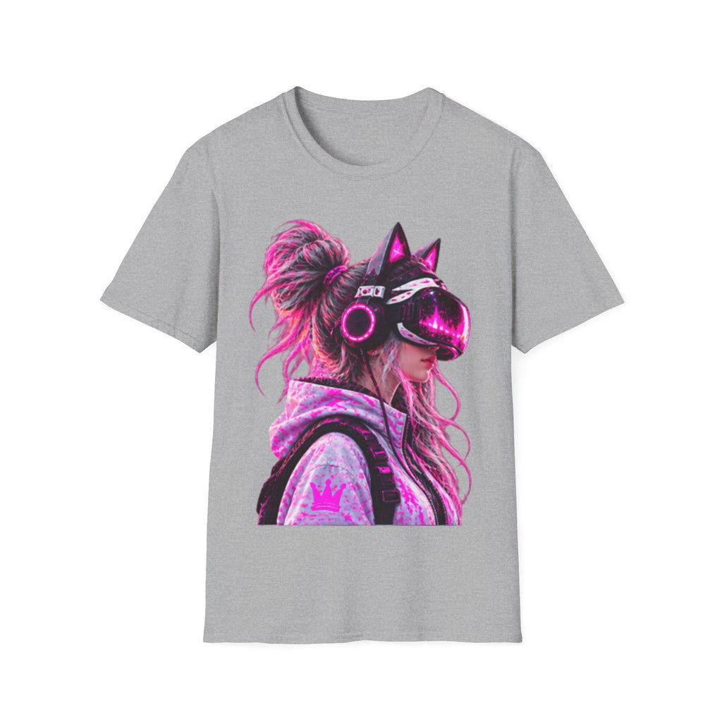 Cat VR Gamer Adult T‑Shirt — Neon Pink Cyberpunk Kitty Gamer Tee