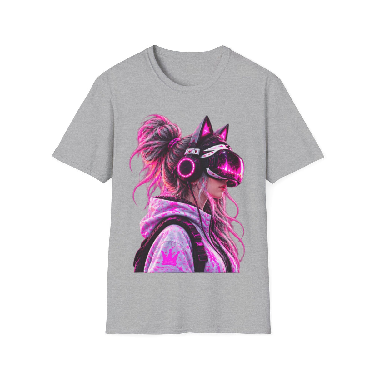 Cat VR Gamer Adult T‑Shirt — Neon Pink Cyberpunk Kitty Gamer Tee