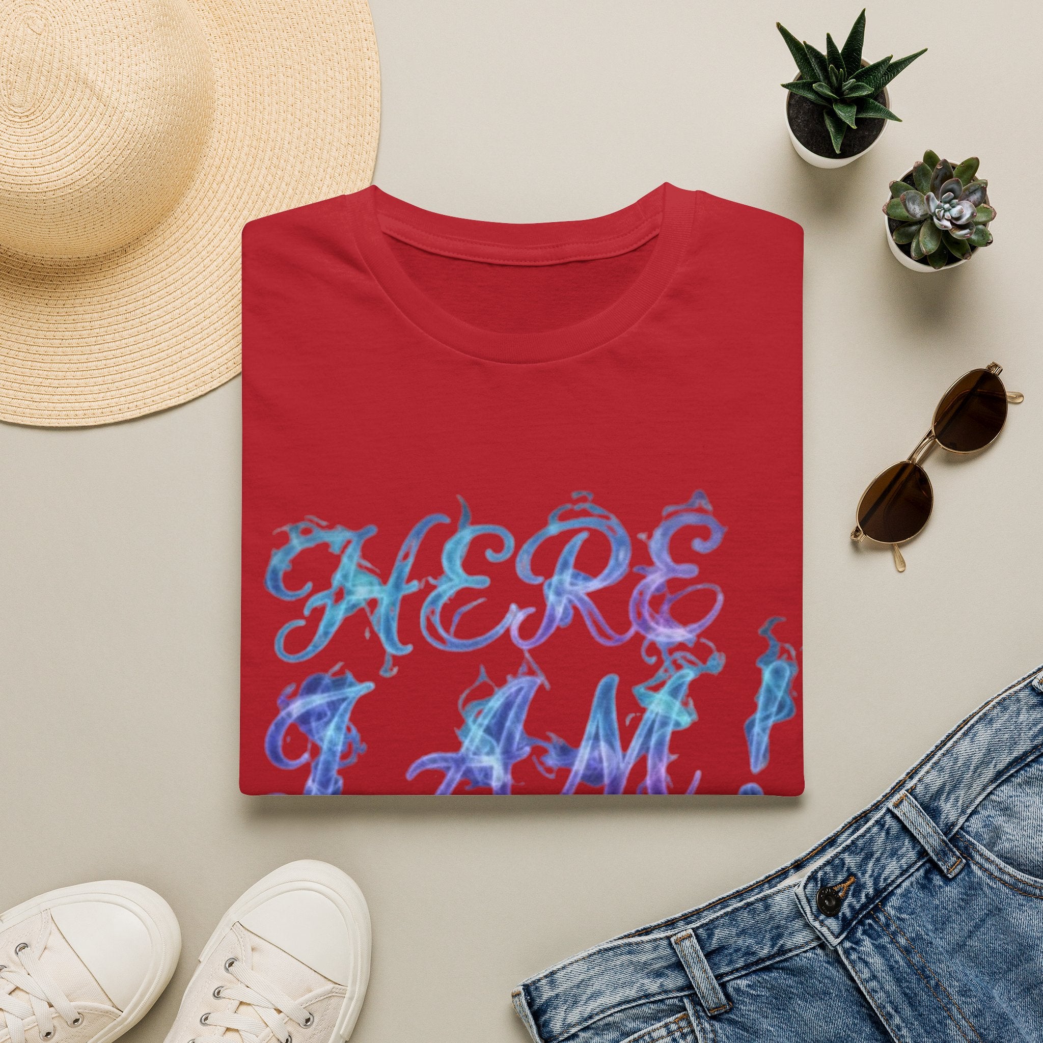 Adult T-Shirt — "Here I Am! What Are Your Other 2 Wishes?" Floral Script Graphic Tee
