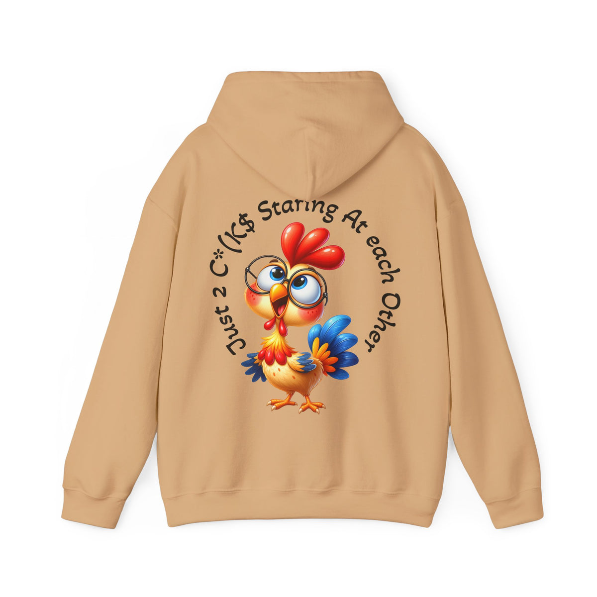 Adult Hoodie — Cute Cartoon Chicken “Just 2 C*#ks Staring At Each Other” Funny Graphic Hoodie