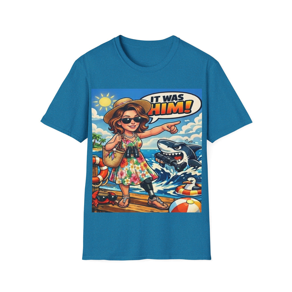 Adult T-Shirt — 'It Was Him!' Beach Shark Graphic Tee