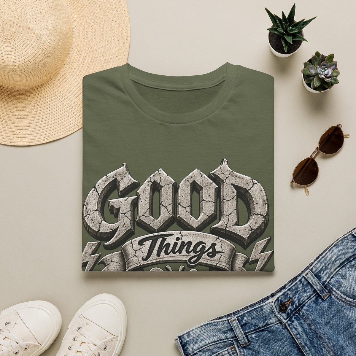 Adult T-Shirt — 'Good Things Take Time' Vintage Script Graphic Tee