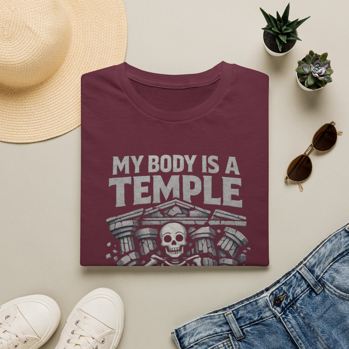 Temple Skeleton Adult T-Shirt — "My Body Is a Temple" Vintage Gothic Tee