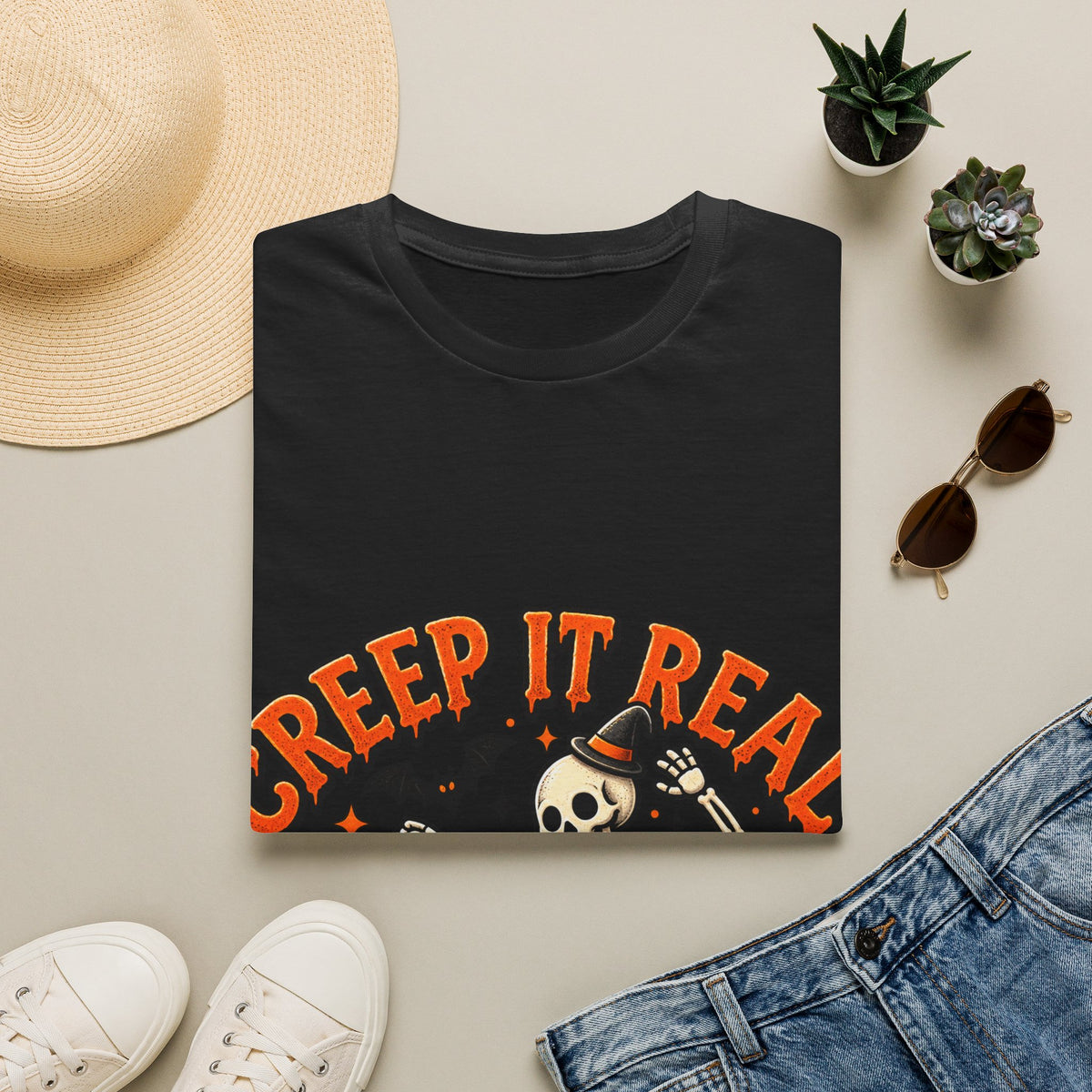 Creep It Real Halloween Adult T-Shirt — Dancing Skeleton & Pumpkin Graphic