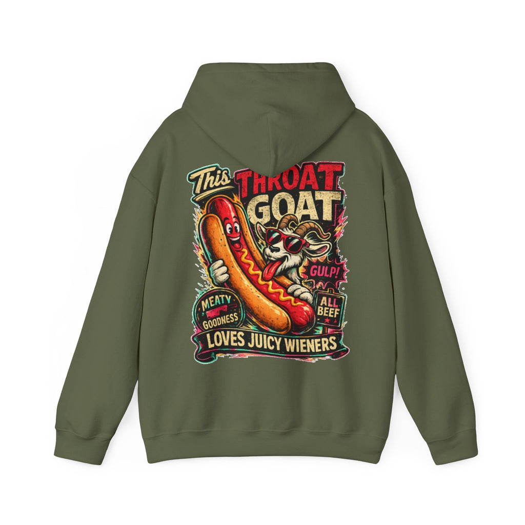 Hot Dog Goat Adult Hoodie - "This Throat Goat Loves Juicy Wieners" Graphic Hooded Sweatshirt