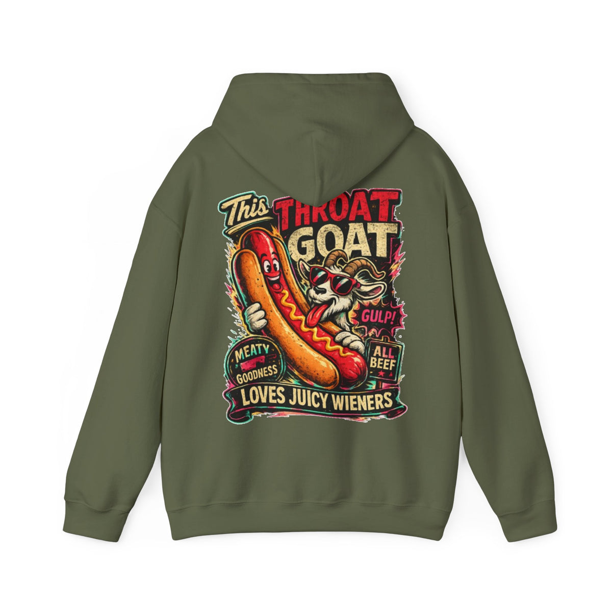 Hot Dog Goat Adult Hoodie - "This Throat Goat Loves Juicy Wieners" Graphic Hooded Sweatshirt