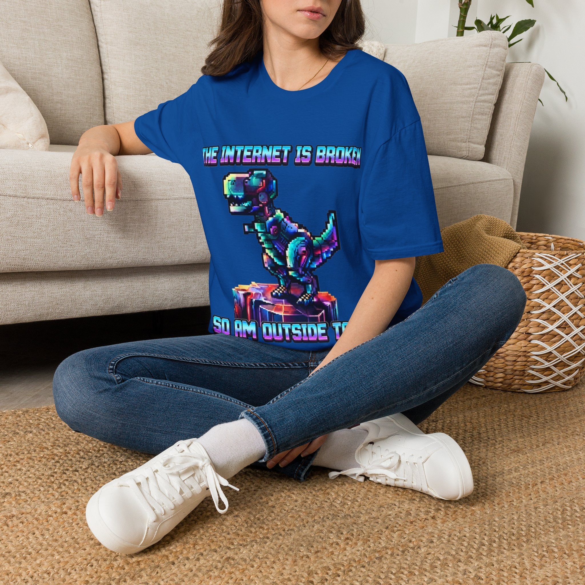Internet Is Broke Adult  T-Shirt — Retro Pixel Dino "So Am I" Graphic Tee