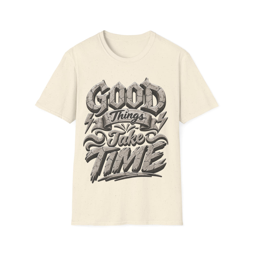 Adult T-Shirt — 'Good Things Take Time' Vintage Script Graphic Tee
