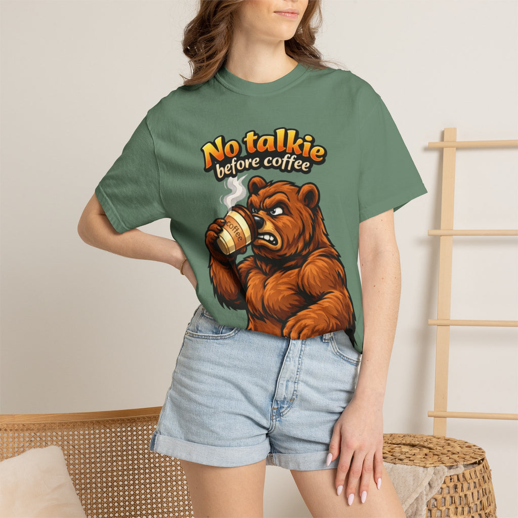 Adult T-Shirt — "No Talkie Before Coffee" Bear Graphic
