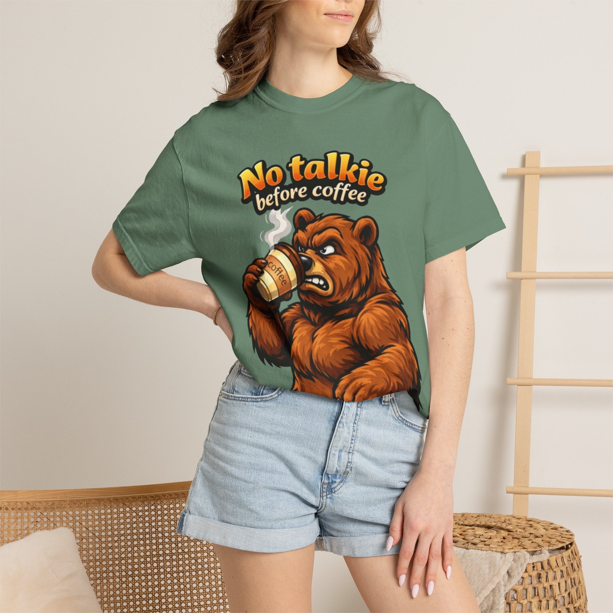 Adult T-Shirt — "No Talkie Before Coffee" Bear Graphic