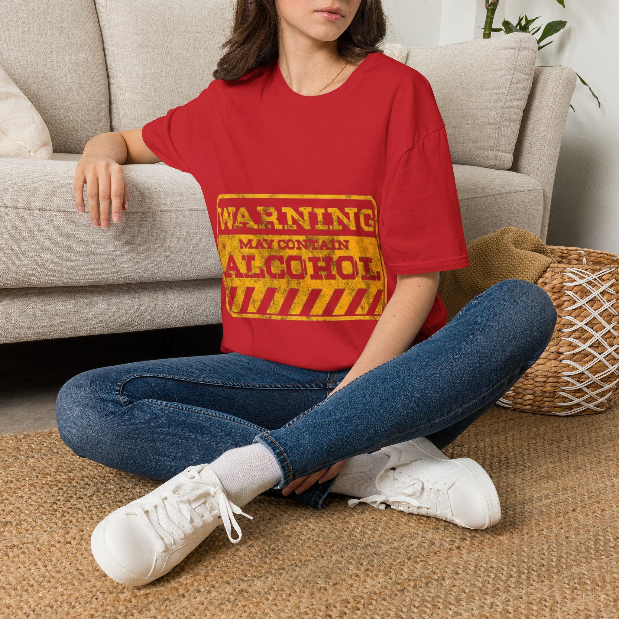 Adult T-Shirt — "WARNING: May Contain Alcohol" Distressed Graphic Tee