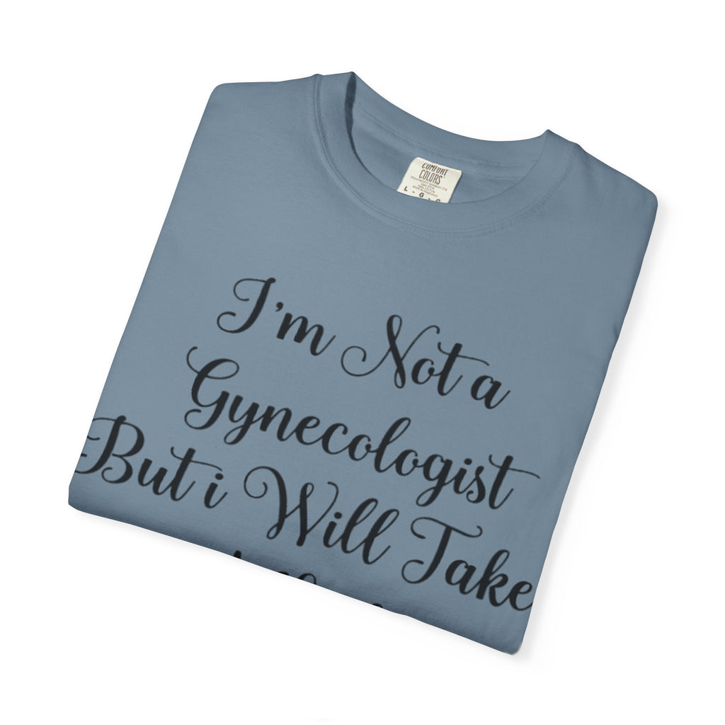 Funny Gynecologist Joke Adult T-Shirt — "I'm Not a Gynecologist But I Will Take a Look" Emoji Tee