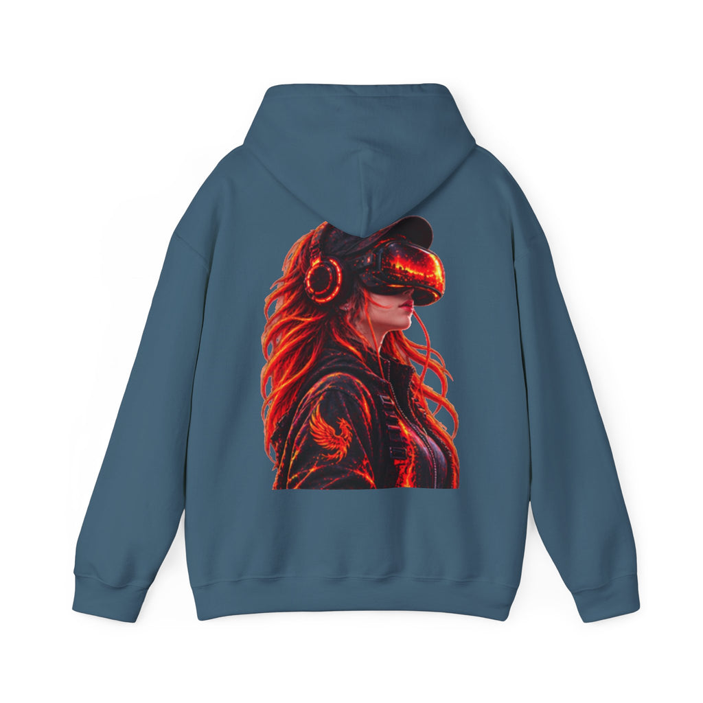 VR Headset Adult Hoodie — Futuristic Gamer Portrait Graphic Hooded Sweatshirt