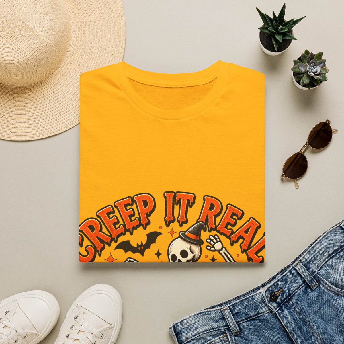 Creep It Real Halloween Adult T-Shirt — Dancing Skeleton & Pumpkin Graphic