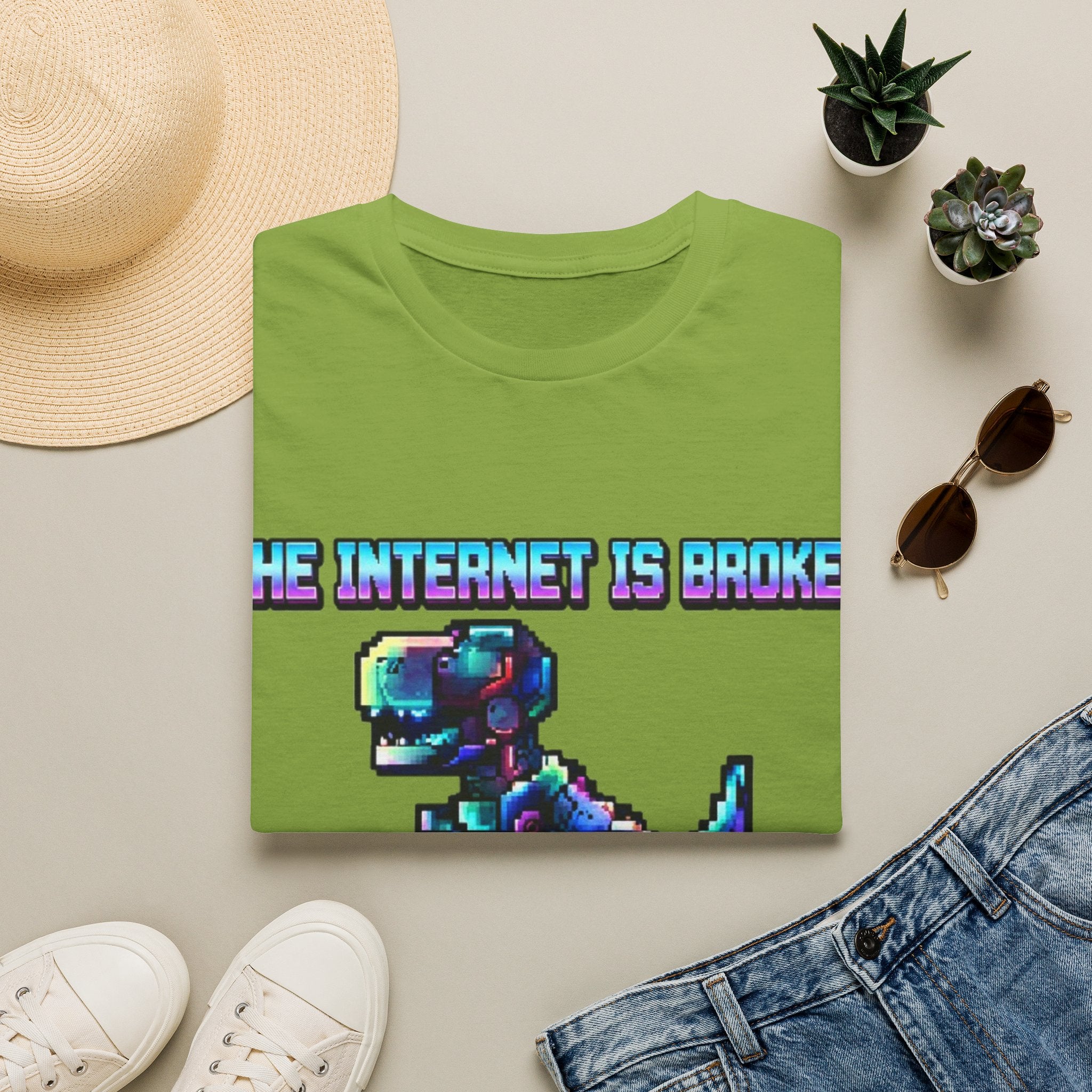 Internet Is Broke Adult  T-Shirt — Retro Pixel Dino "So Am I" Graphic Tee