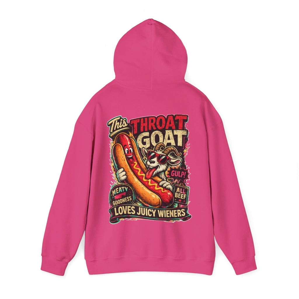 Hot Dog Goat Adult Hoodie - "This Throat Goat Loves Juicy Wieners" Graphic Hooded Sweatshirt