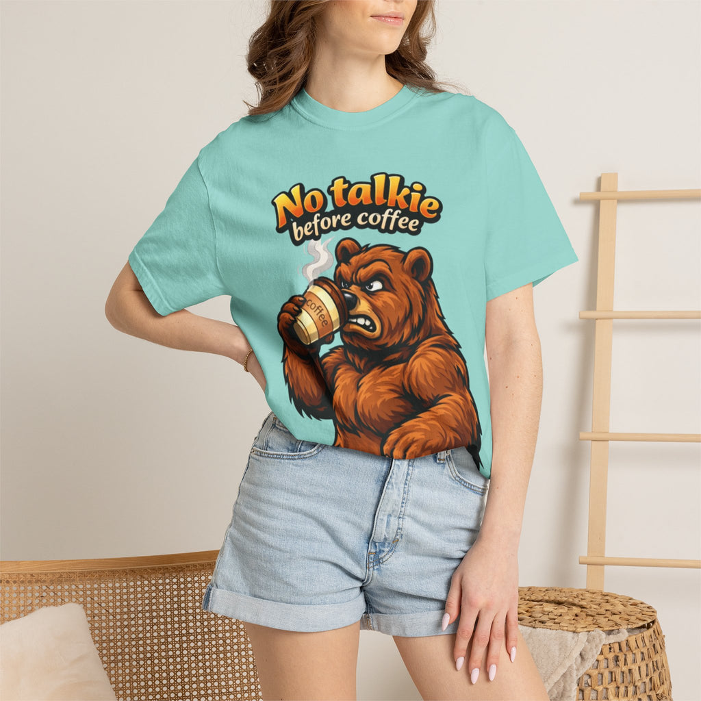 Adult T-Shirt — "No Talkie Before Coffee" Bear Graphic