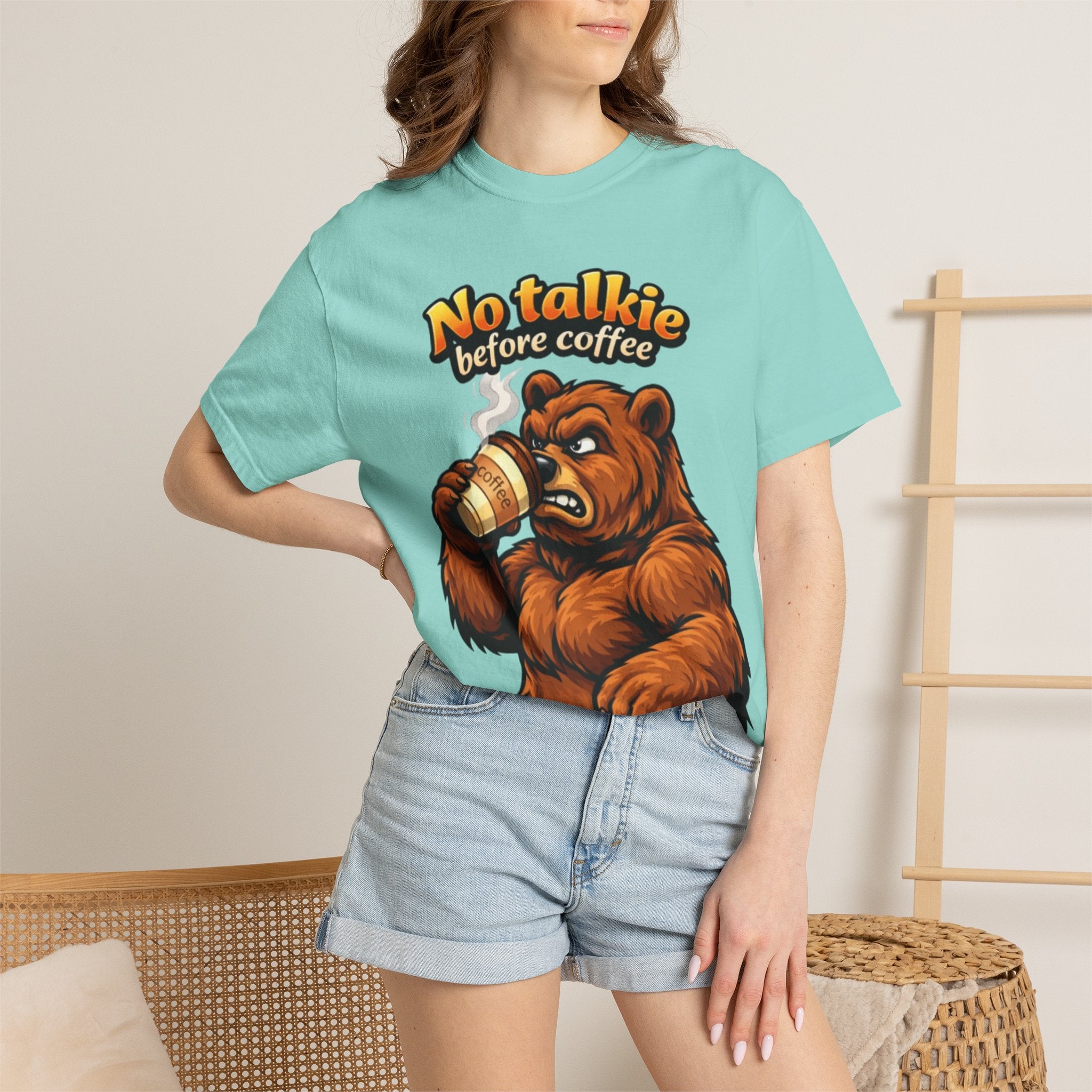 Adult T-Shirt — "No Talkie Before Coffee" Bear Graphic