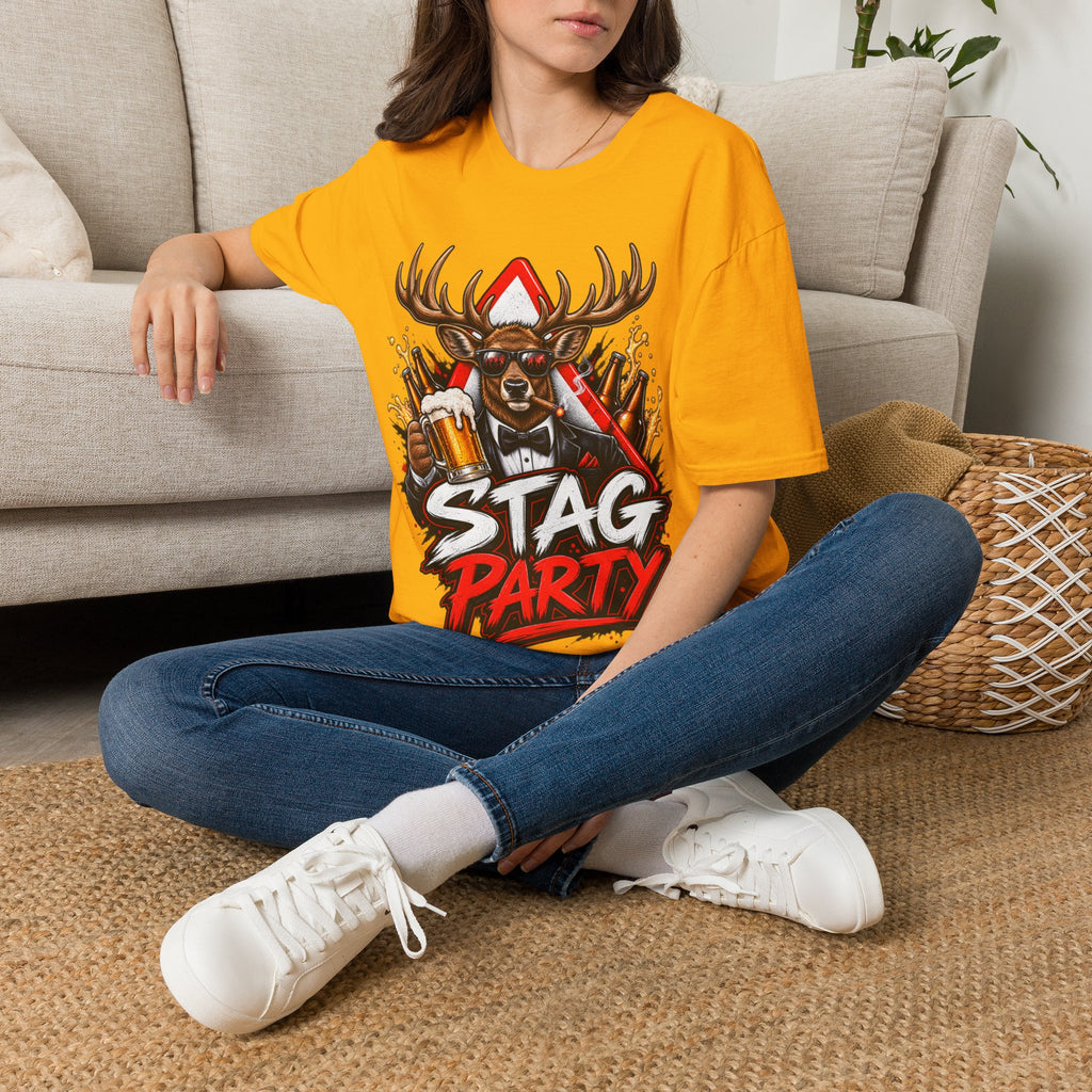 Stag Party Adult T-Shirt — Funny Beer-Drinking Deer Graphic Tee for Bachelor Parties