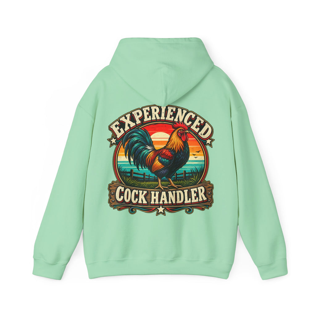 Adult Hoodie — "Experienced Cock Handler" Vintage Rooster Farm Humor Pullover