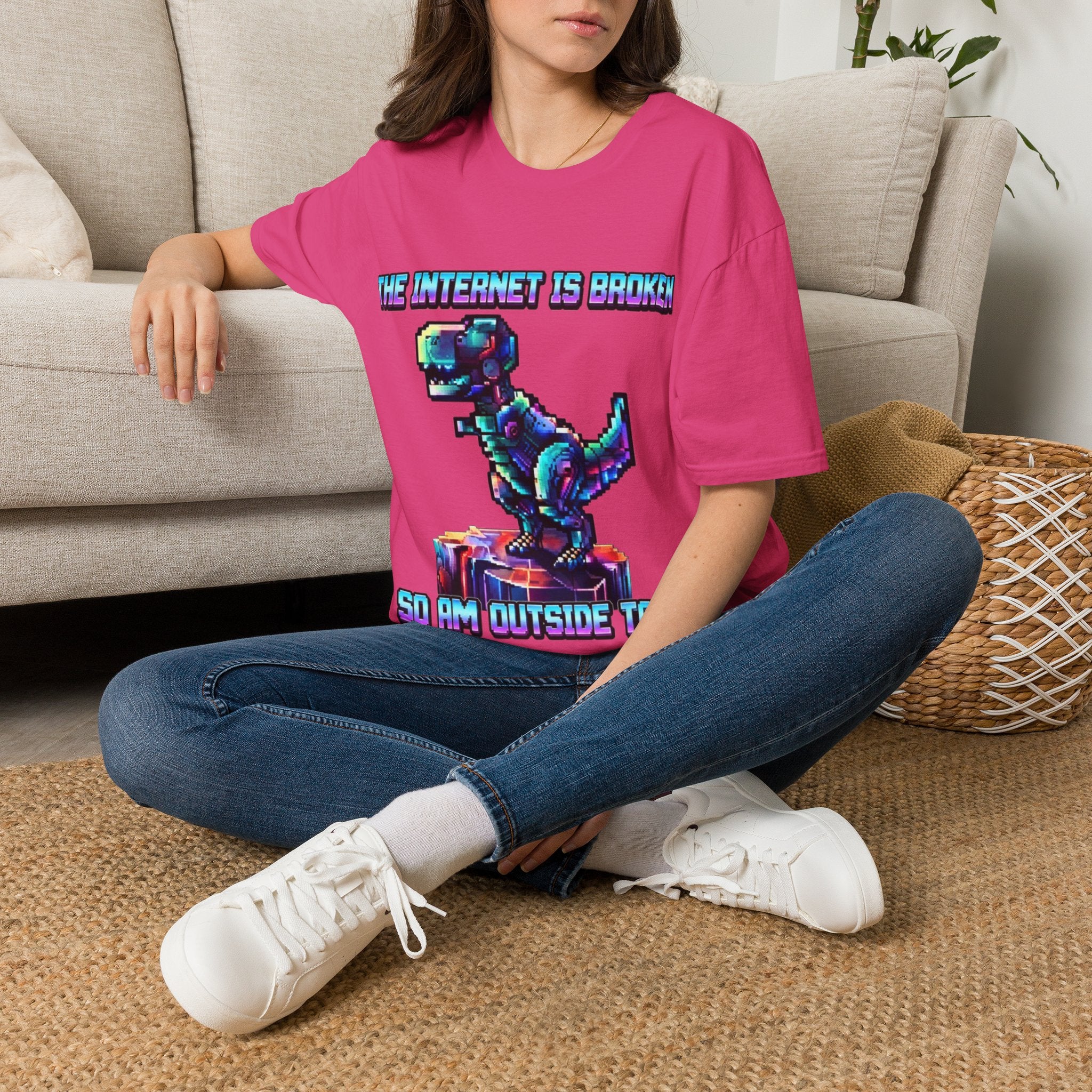 Internet Is Broke Adult  T-Shirt — Retro Pixel Dino "So Am I" Graphic Tee