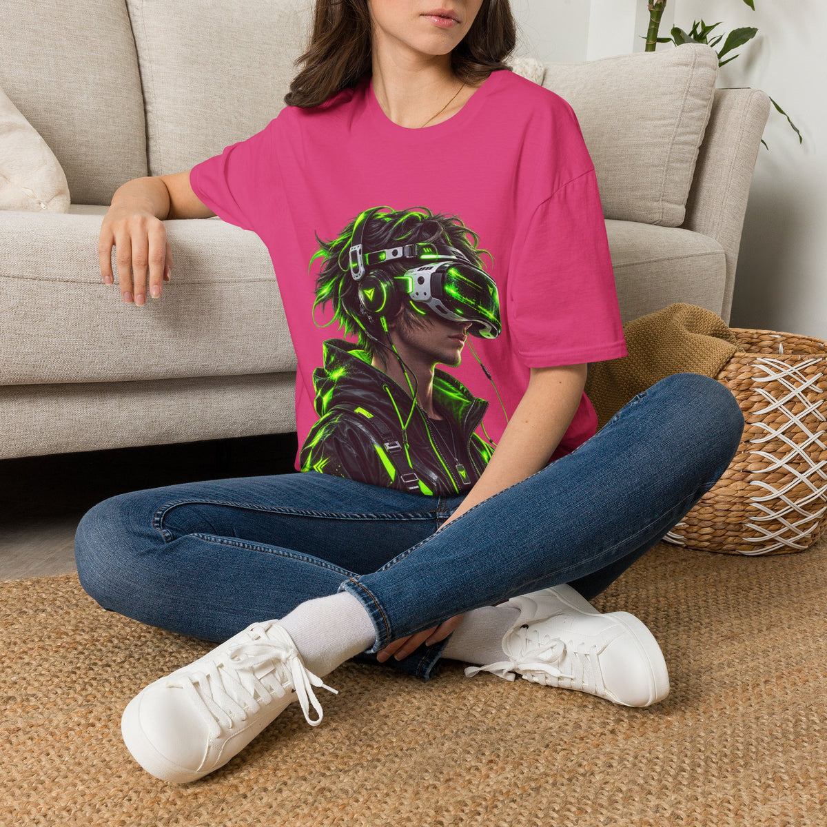 Cyberpunk VR Gamer Adult T-Shirt — Neon Green Virtual Reality Jacket Design