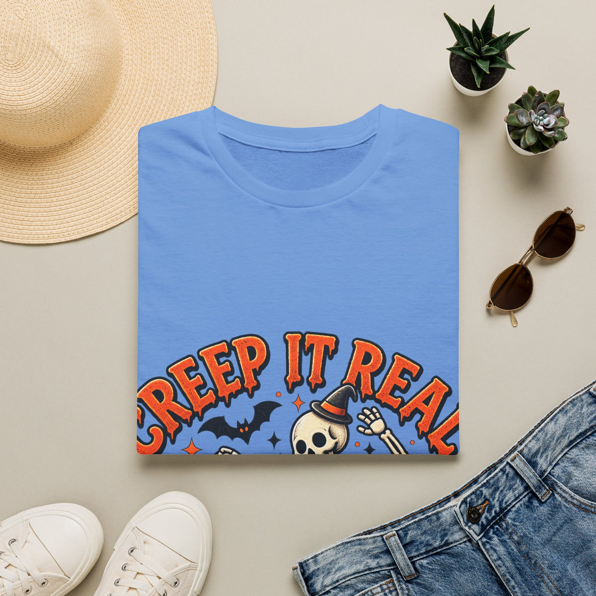 Creep It Real Halloween Adult T-Shirt — Dancing Skeleton & Pumpkin Graphic
