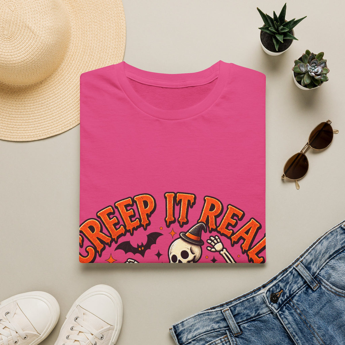 Creep It Real Halloween Adult T-Shirt — Dancing Skeleton & Pumpkin Graphic