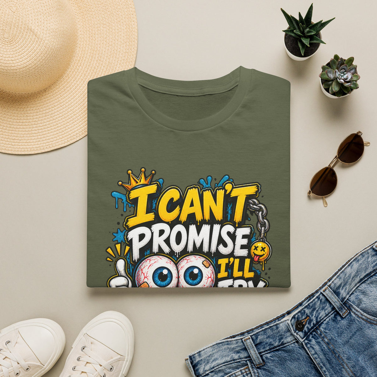 I Can't Promise I'll Try Graphic Adult T-Shirt — Funny Motivational Casual Tee