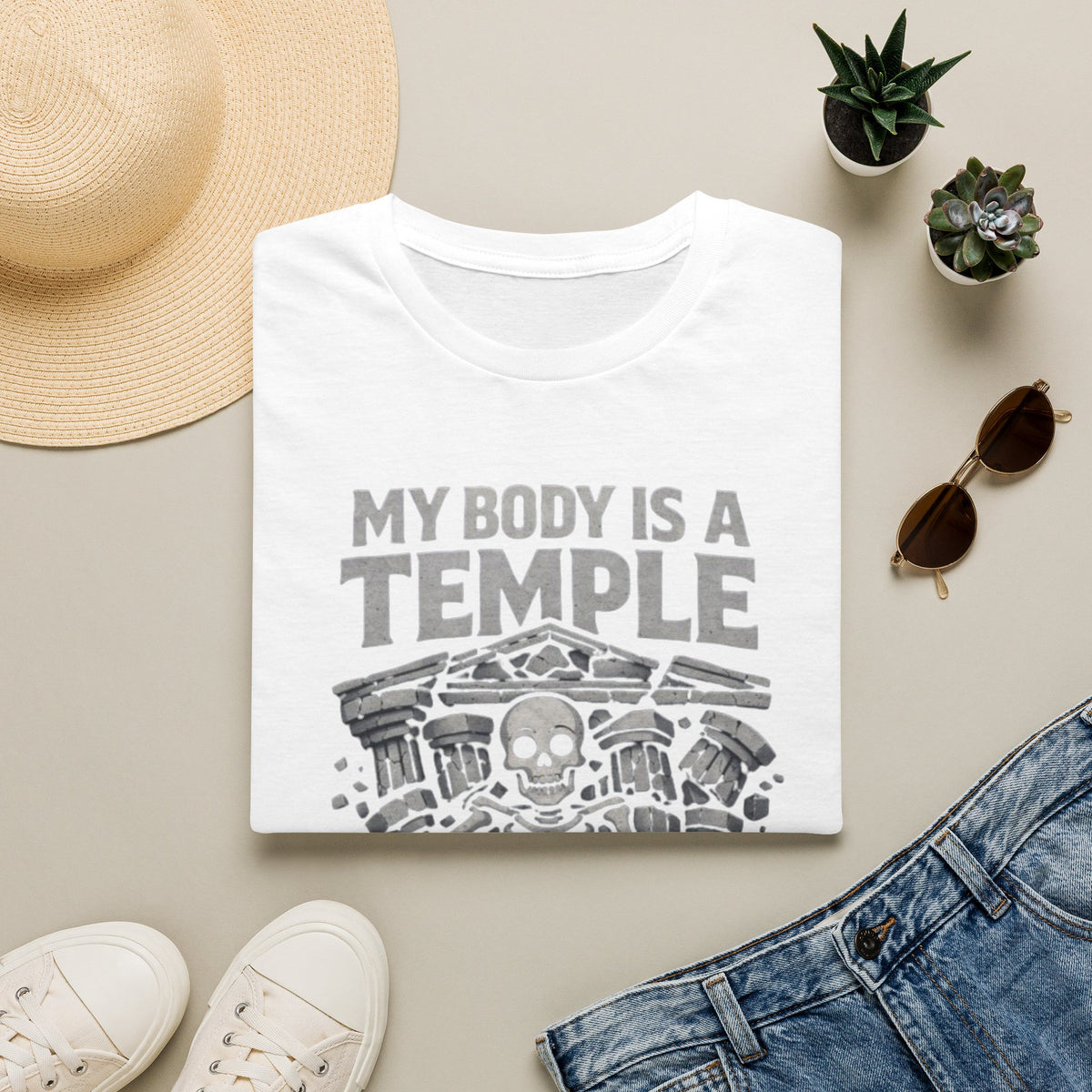 Temple Skeleton Adult T-Shirt — "My Body Is a Temple" Vintage Gothic Tee