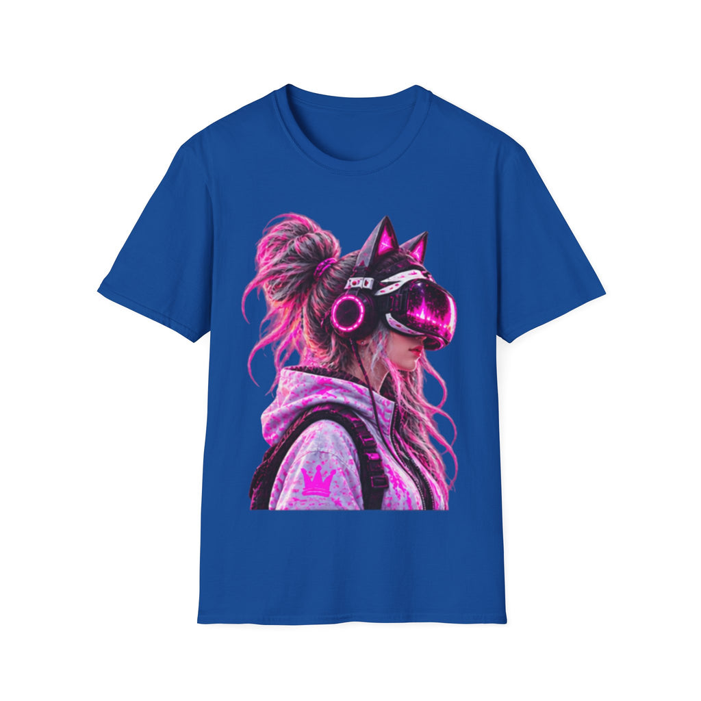 Cat VR Gamer Adult T‑Shirt — Neon Pink Cyberpunk Kitty Gamer Tee