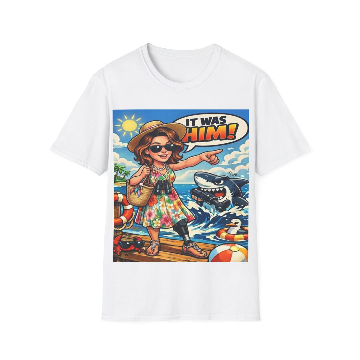 Adult T-Shirt — 'It Was Him!' Beach Shark Graphic Tee