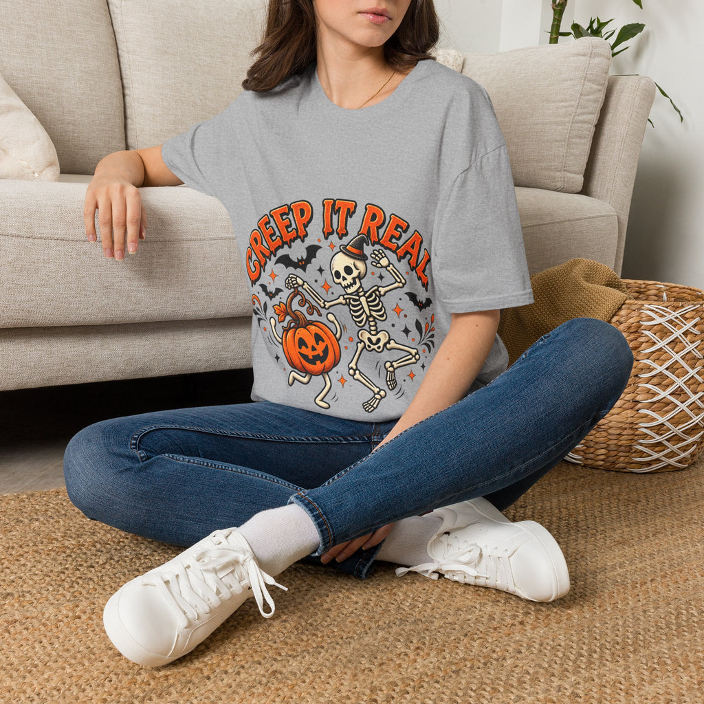 Creep It Real Halloween Adult T-Shirt — Dancing Skeleton & Pumpkin Graphic